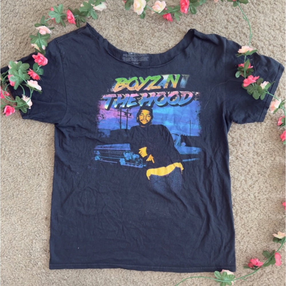 Black and Yellow Over the Shoulder Short Sleeve Tee with Graphic Design